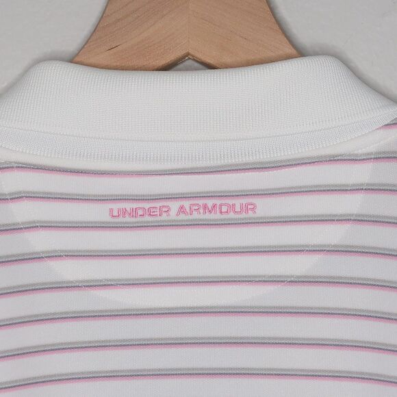 Under Armour Mens Loose Polo Shirt 2XL Pink White Stripes HeatGear Cancer Ribbon - Picture 10 of 11